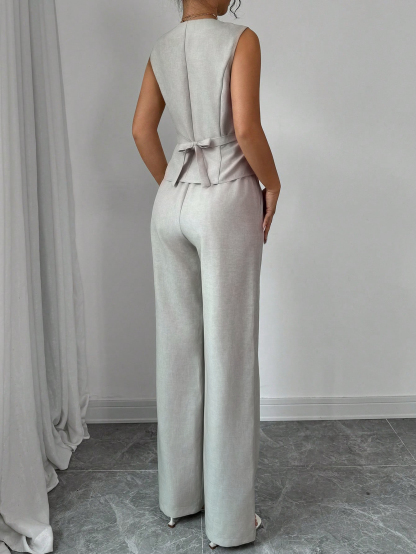 Conjunto de pantalones anchos y chaleco sin mangas de estilo femenino-Aegean-sea