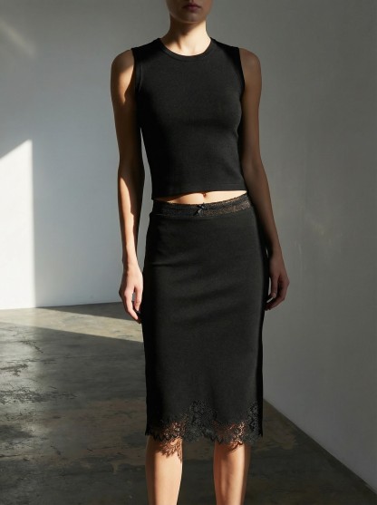 2026 Spring/Summer New Style Fashion Commuting Lace Splicing Waist and Hem Slim-fit Midi Skirt