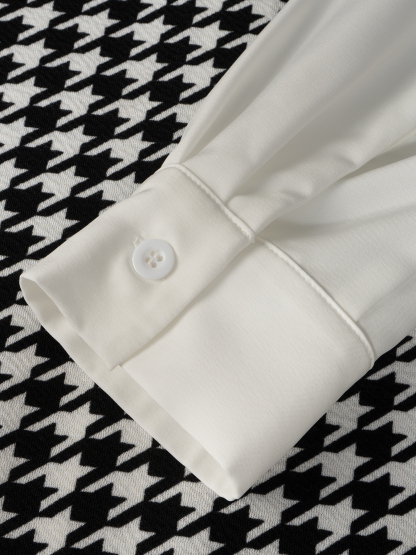 Woman's Black & White Houndstooth Two-In-One Dress | White Shirt Collar Puff Sleeve Fitted Maxi Office Dress-Aegean-sea