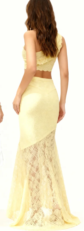Woman's Light Yellow Lace Cami Top & Sheer Lace High-Waist Maxi Skirt Set
