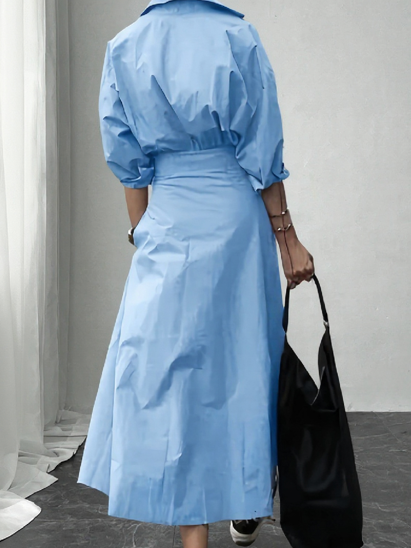 Woman's Oversized Minimalist Office Dress: Puff Sleeve Ruched Waist Split Hem Shirt Dress -Aegean-sea