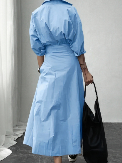Woman's Oversized Minimalist Office Dress: Puff Sleeve Ruched Waist Split Hem Shirt Dress -Aegean-sea