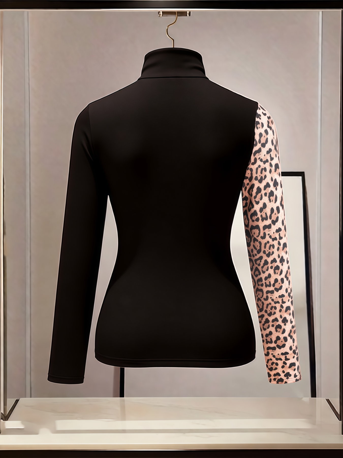 Women's Turtleneck Top with Leopard Print Panel and Button Detail