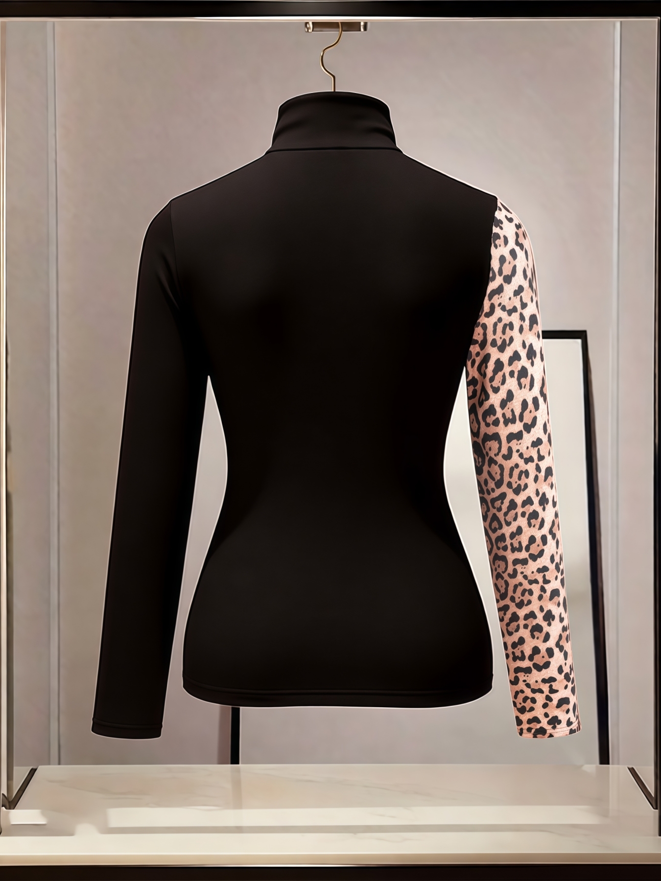 Women's Turtleneck Top with Leopard Print Panel and Button Detail
