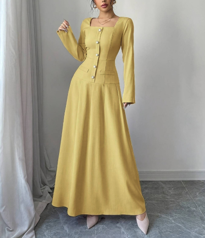 Yellow square-collared, wide-waisted long skirt, long-sleeved single-breasted style dress