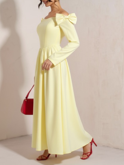 Yellow single-shoulder butterfly-tied dress Long-sleeved, waist-length, wide-waisted dress