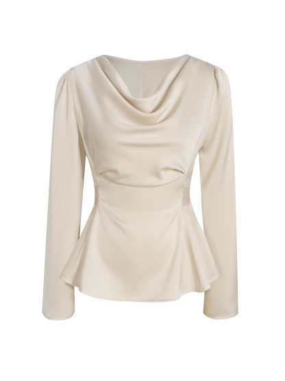 Top Peplum de cuello alto de satén beige para mujer con mangas acampanadas-Aegean-sea