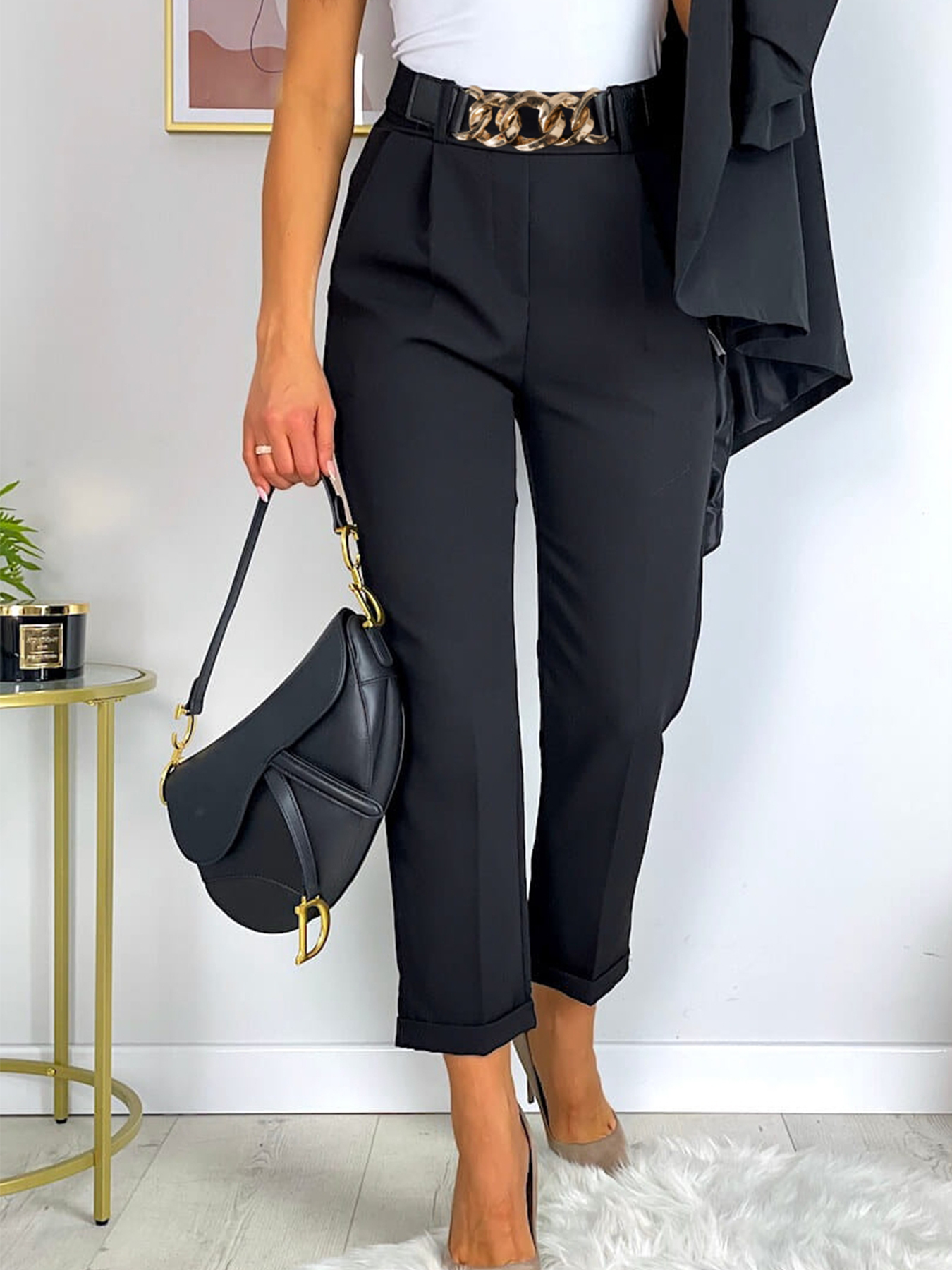 Women's Black High-Waisted Tapered Trousers with Chain Belt-Aegean-sea