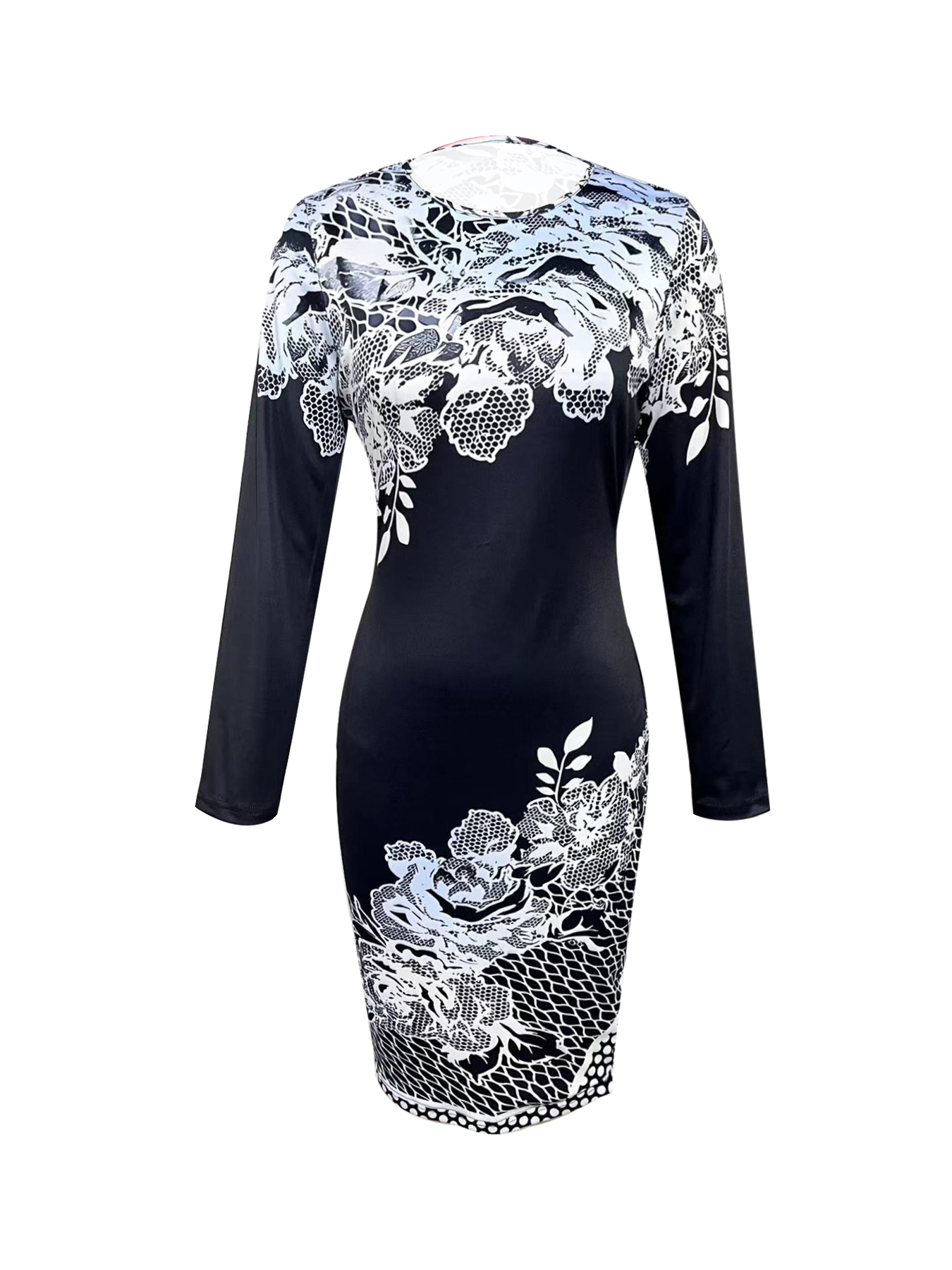 Woman's Black & White Lace Floral Print Long-Sleeve Bodycon Midi Dress-Aegean-sea