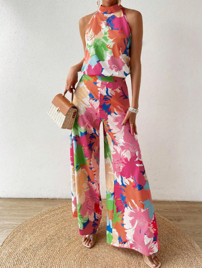 Flower-print floral neck-hanging suit, holiday wide-legged two-piece suit