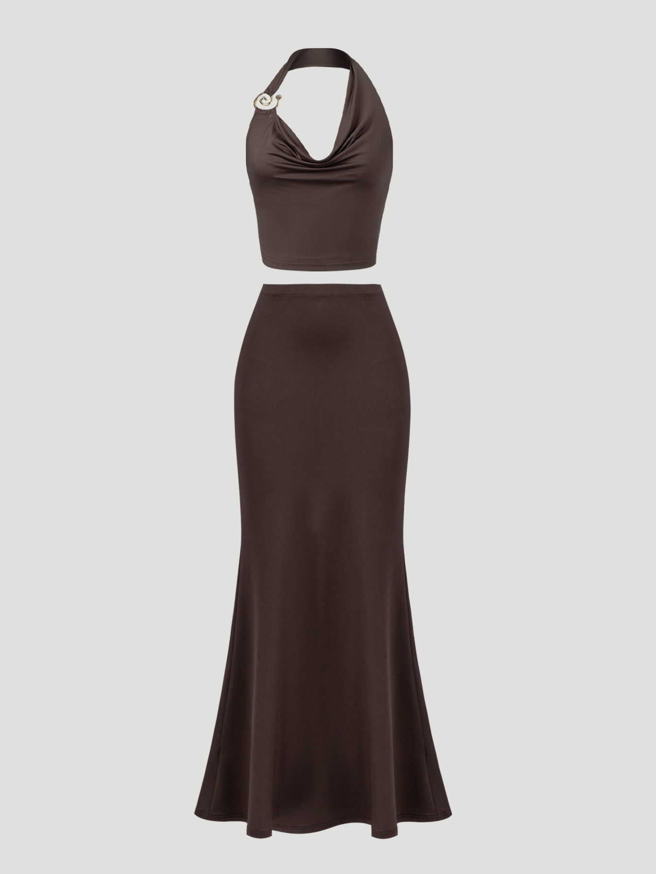 Women's Halter Neck Cowl Front Crop Top & High Waist Maxi Skirt Two Piece Set for Vacation