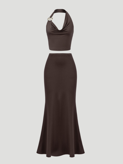 Women's Halter Neck Cowl Front Crop Top & High Waist Maxi Skirt Two Piece Set for Vacation