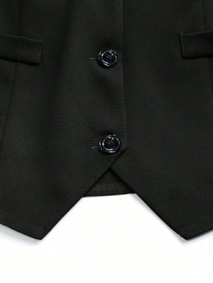 Y2K Black Button-Front Fitted Vest-Aegean-sea