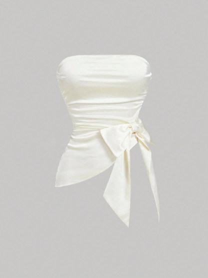 Woman's Ivory Satin Strapless Ruched Side Tie Front Corset Top-Aegean-sea