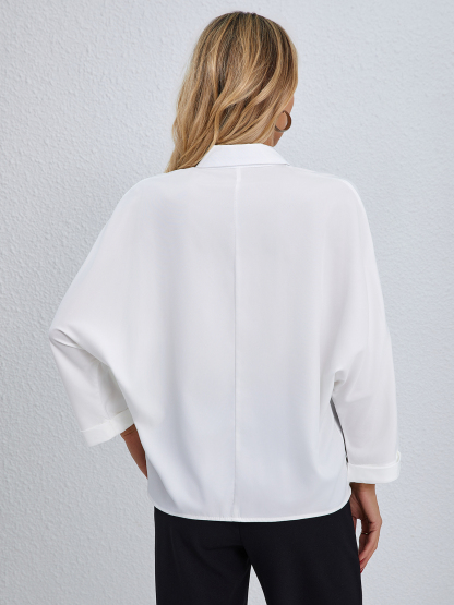 Woman's Collared Button-up Shirt with Striped & Square Patch Detail-Aegean-sea