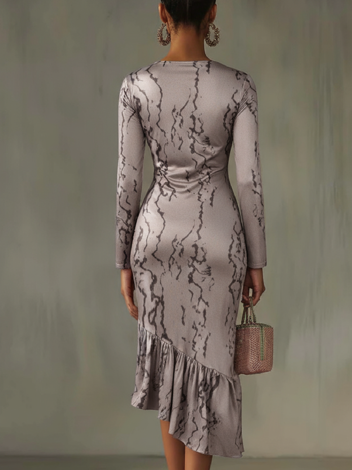 Woman's Beige Snake Print Square Neck Asymmetric Midi Dress