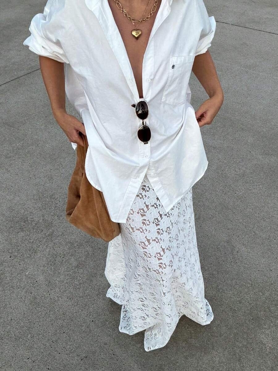 White lace high-waisted full-length skirt, holiday-style short skirt