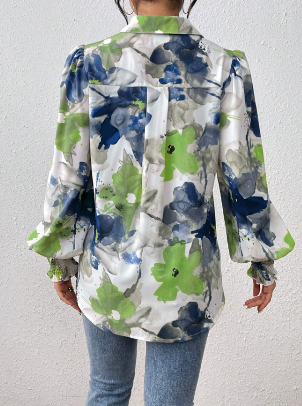 Women's Watercolor Floral Print Blouse - Puff Sleeve Shirred Cuff Button Up Shirt