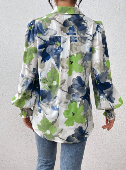 Women's Watercolor Floral Print Blouse - Puff Sleeve Shirred Cuff Button Up Shirt