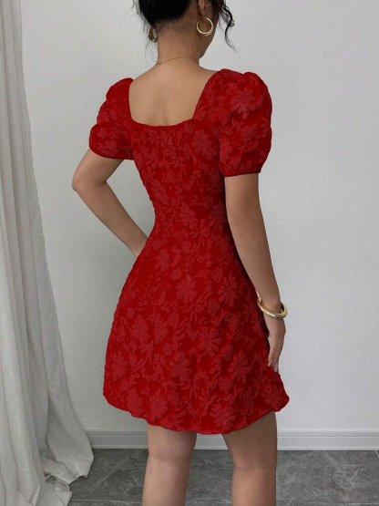 Red square neck floral print puff sleeve dress