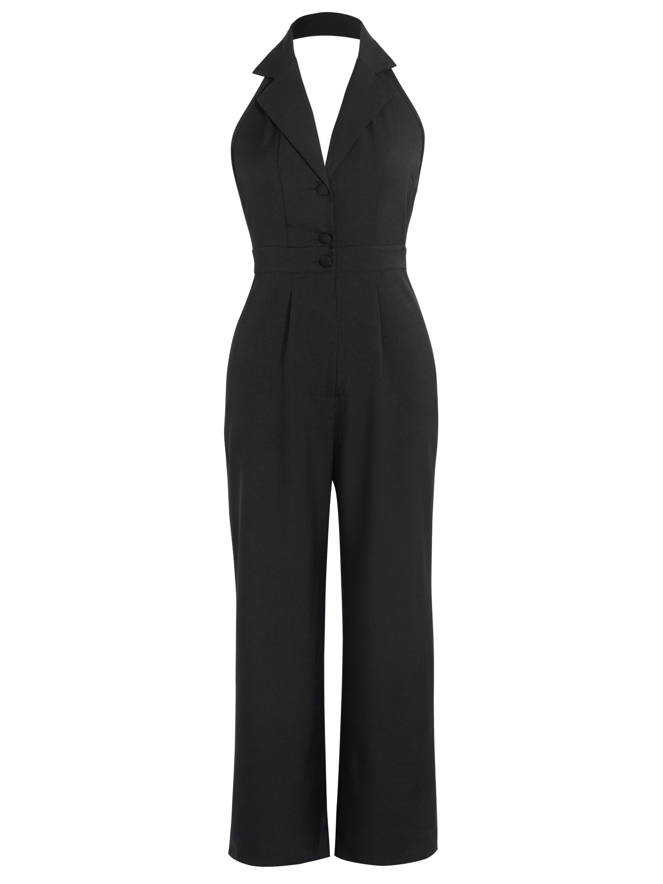 Woman's sleeveless backless suit collar-buttoned high-waisted wide-legged jumpsuit-Aegean-sea