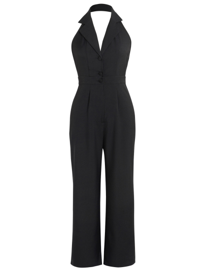 Woman's sleeveless backless suit collar-buttoned high-waisted wide-legged jumpsuit-Aegean-sea