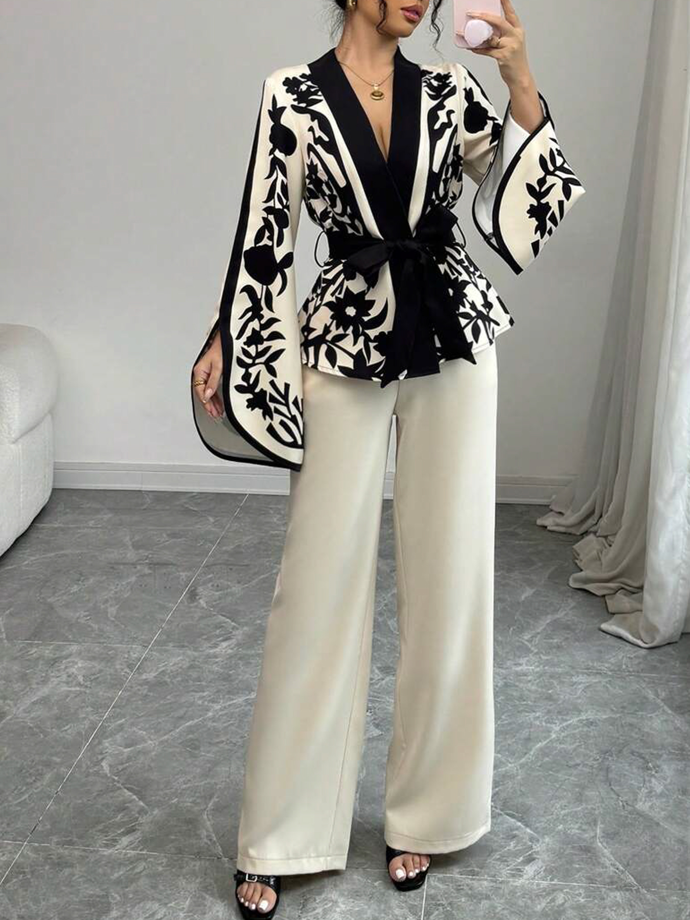 Women's Black and White Floral Print Belted Kimono-Style Blouse-Aegean-sea