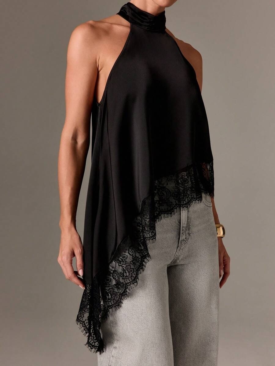 Black satin slingback vest, asymmetric lace stitching sleeveless top with asymmetric hem