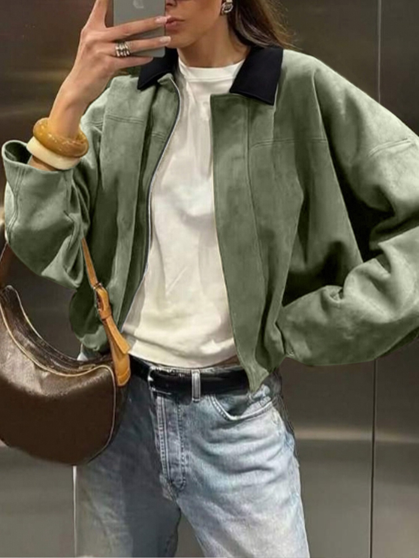 Black and green contrasting reversal suede shirt Loose long-sleeved jacket jacket jacket