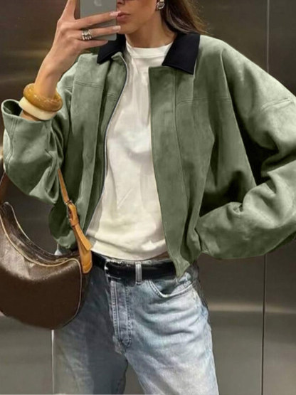 Black and green contrasting reversal suede shirt Loose long-sleeved jacket jacket jacket