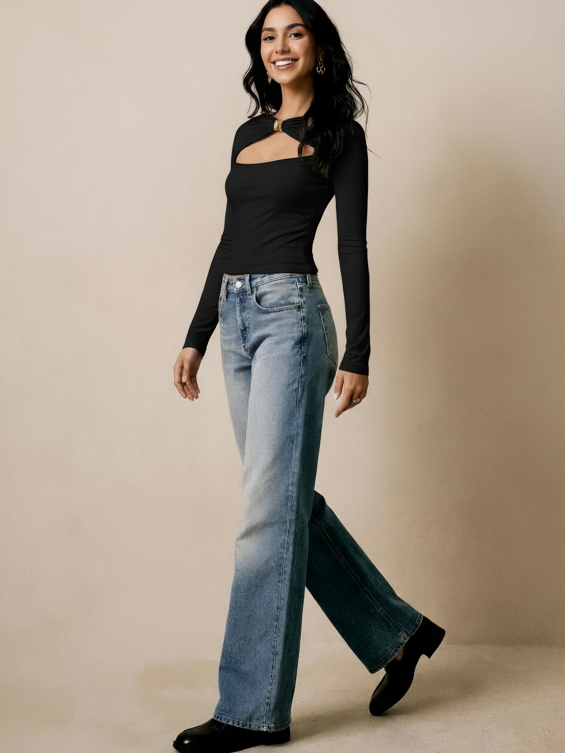 Hollow-out tops with metal buttons, long sleeves waist tight underclothes-Aegean-sea