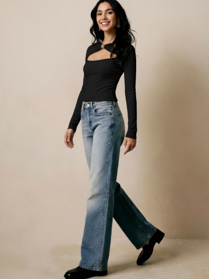 Hollow-out tops with metal buttons, long sleeves waist tight underclothes-Aegean-sea