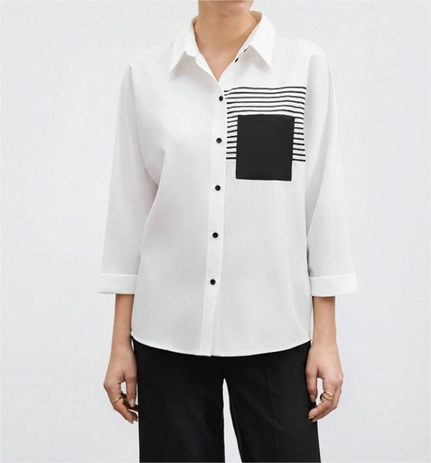Woman's Collared Button-up Shirt with Striped & Square Patch Detail-Aegean-sea