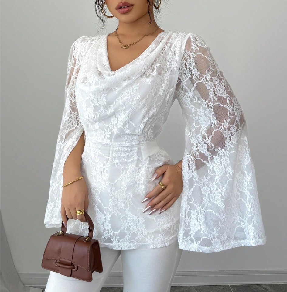 White lace flared-sleeve women‘s top Stacked collared waist-through shirt