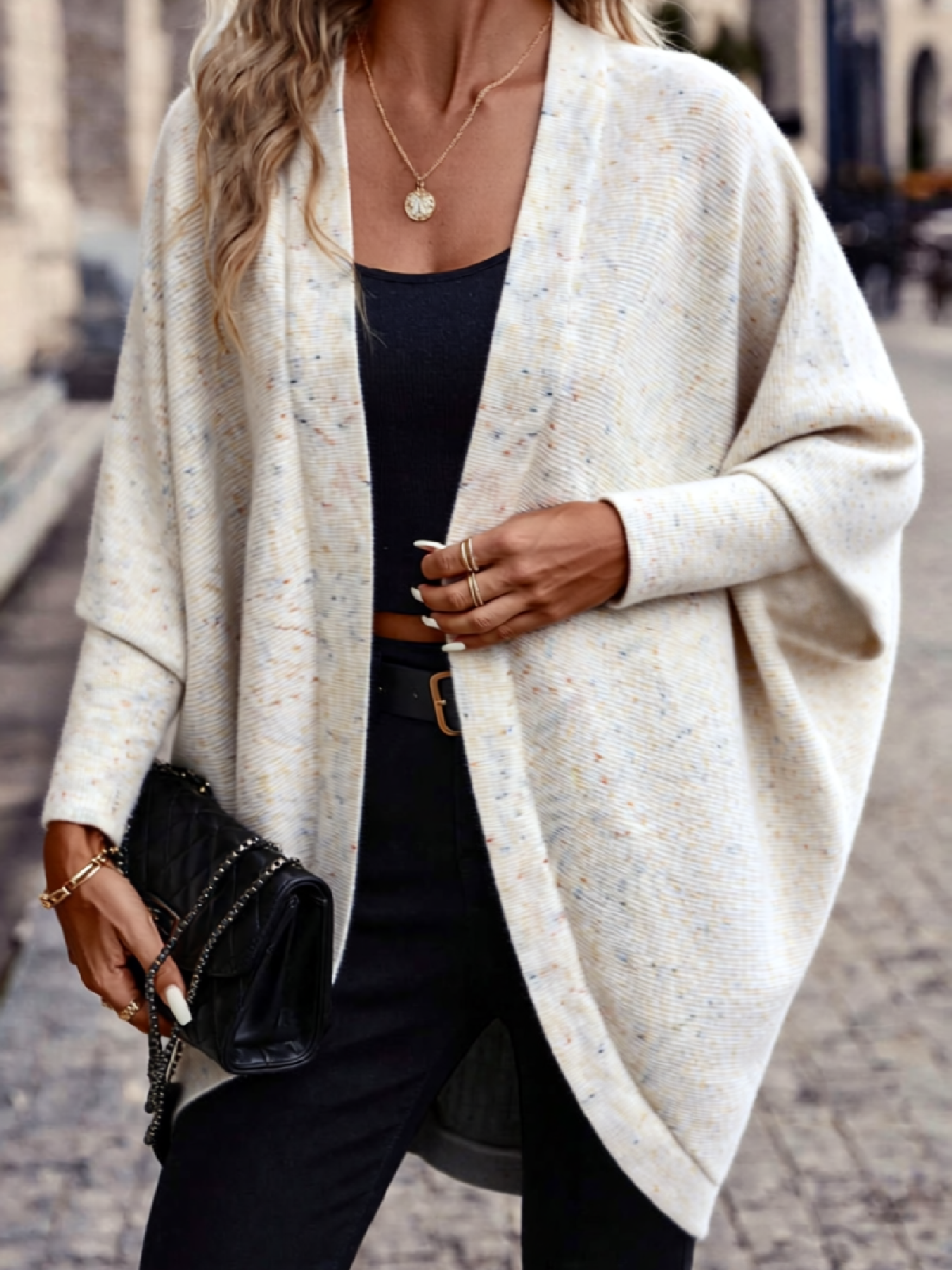 Cárdigan de punto moteado de frente abierta para mujer con mangas batwing-Aegean-sea