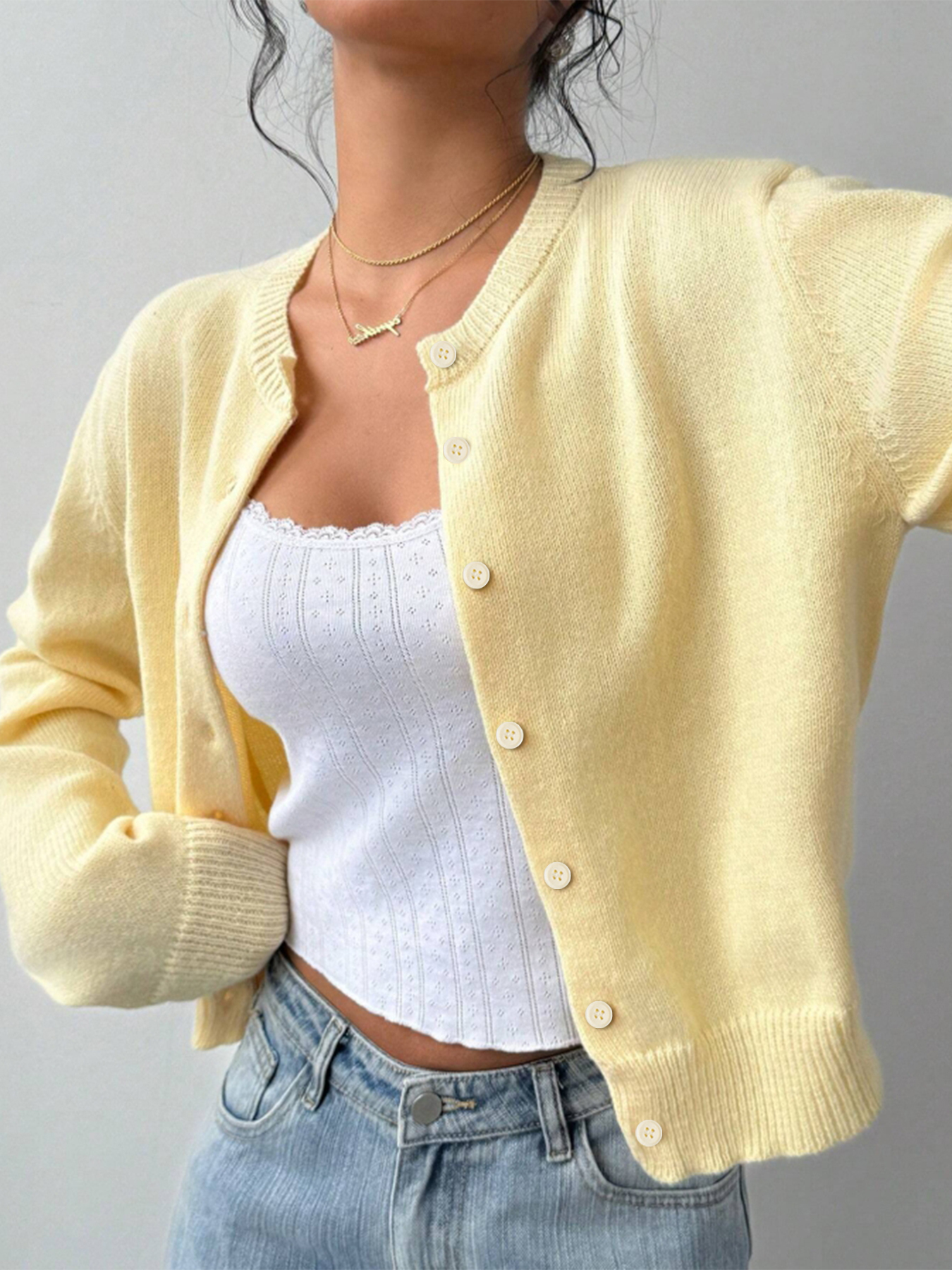 Stylish Cropped Knit Cardigan - Button-Front Casual Women's Top-Aegean-sea