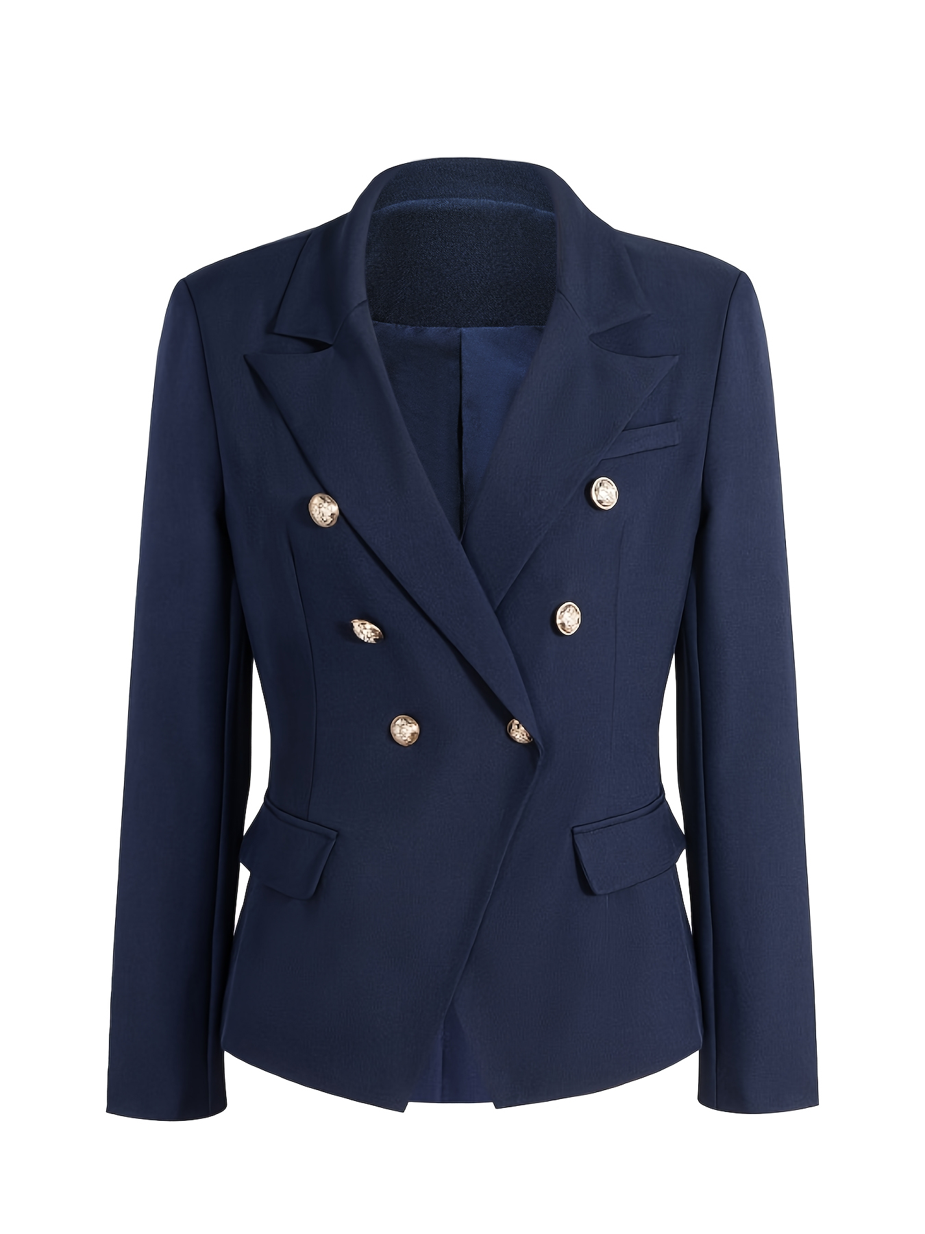 Navy Blue Double-Breasted Blazer with Gold-Tone Buttons