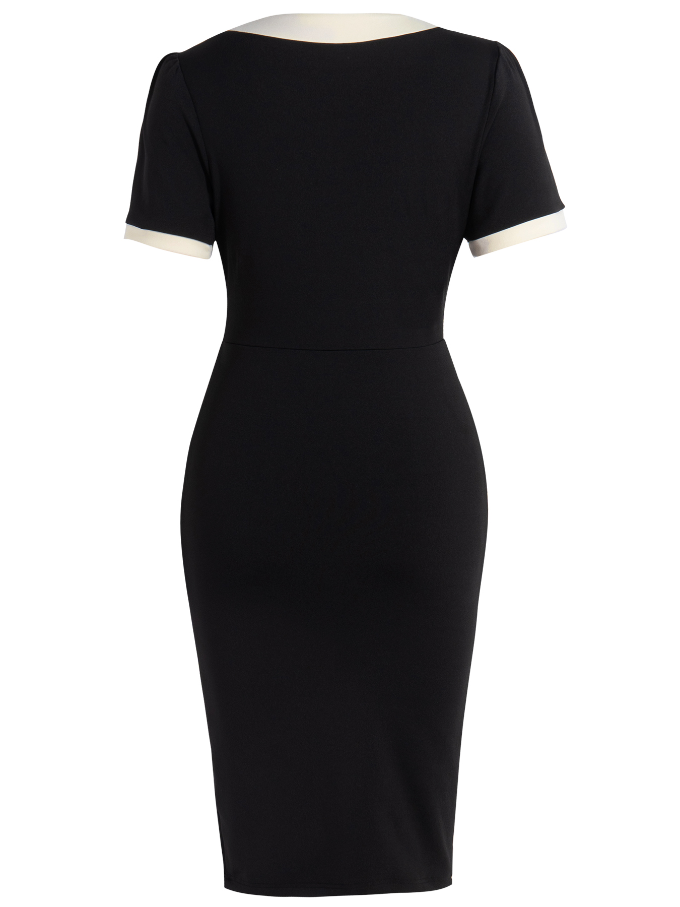 Woman's Vintage Elegant Style Black & White Dress: Bow Paneled Fitted Office Elegant Dress