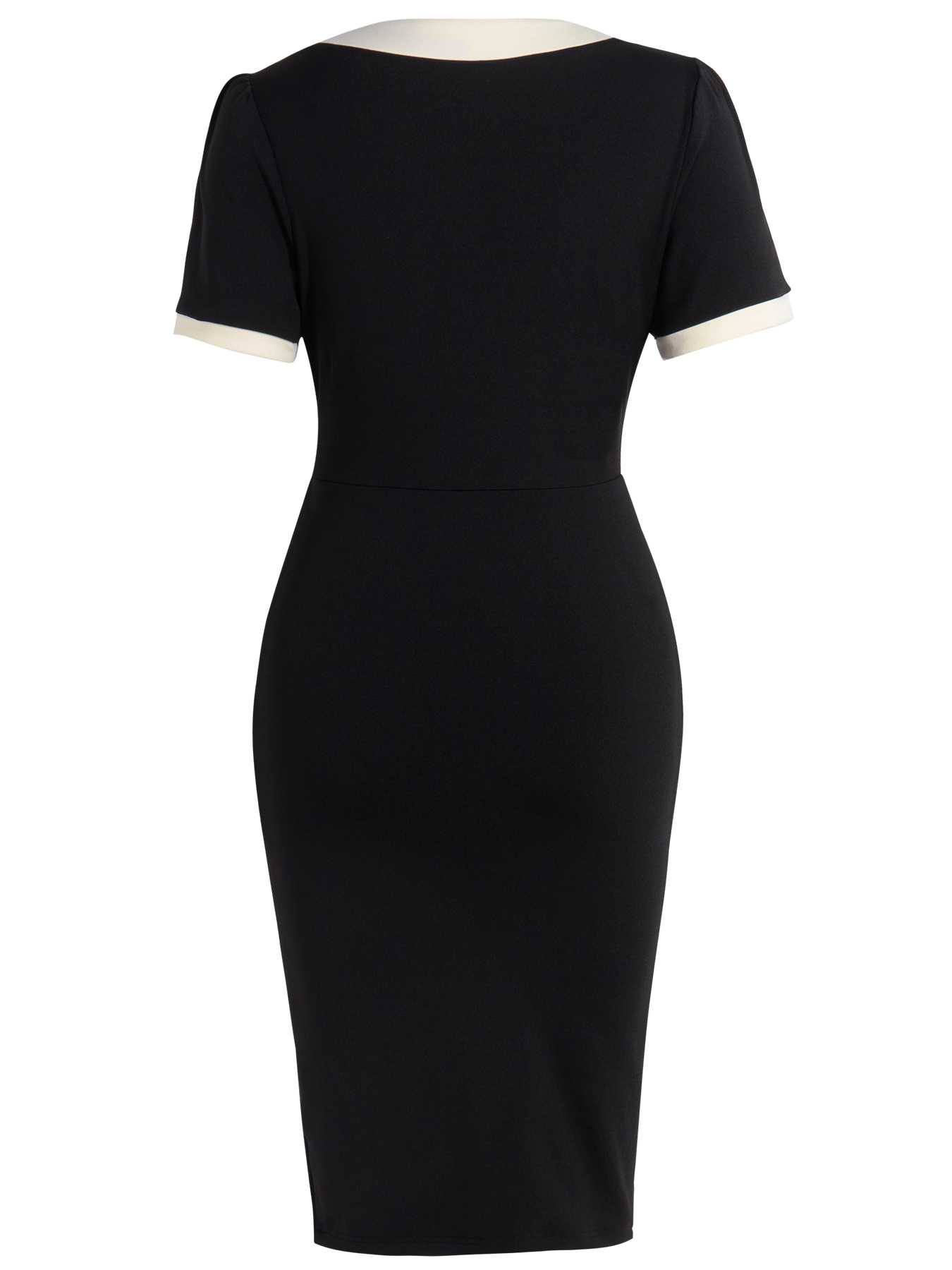 Woman's Vintage Elegant Style Black & White Dress: Bow Paneled Fitted Office Elegant Dress