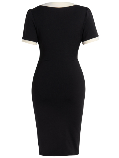 Woman's Vintage Elegant Style Black & White Dress: Bow Paneled Fitted Office Elegant Dress