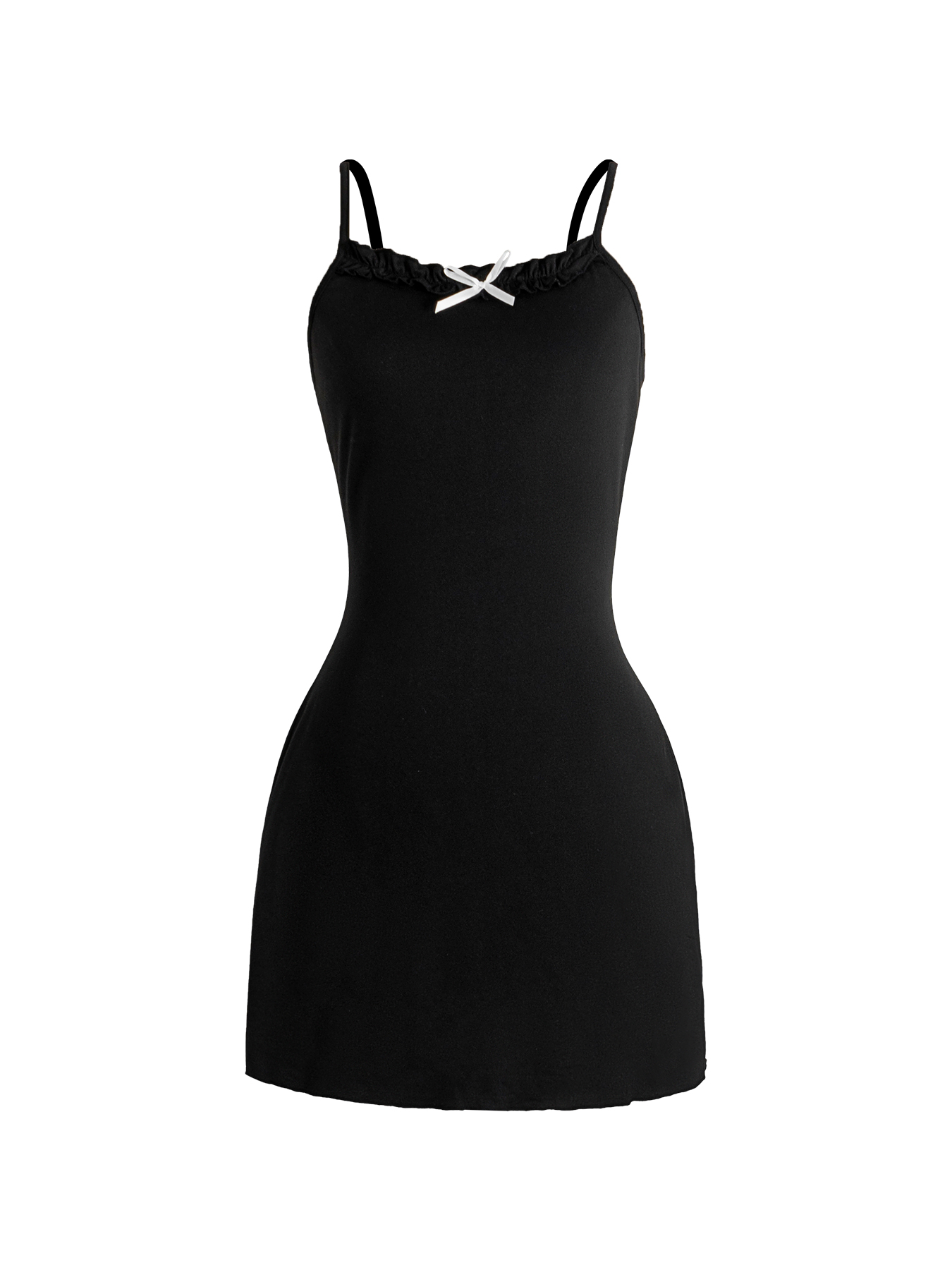 Woman's Black spaghetti strap mini dress with ruffled neckline and bow embellishment.