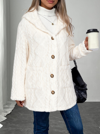 Woman's Cream Faux Fur Hooded Coat with Cable Knit Texture & Metal Buttons-Aegean-sea