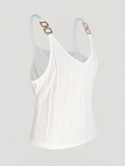 Women's White Textured Cami Top with Metal Chain Strap Detail-Aegean-sea