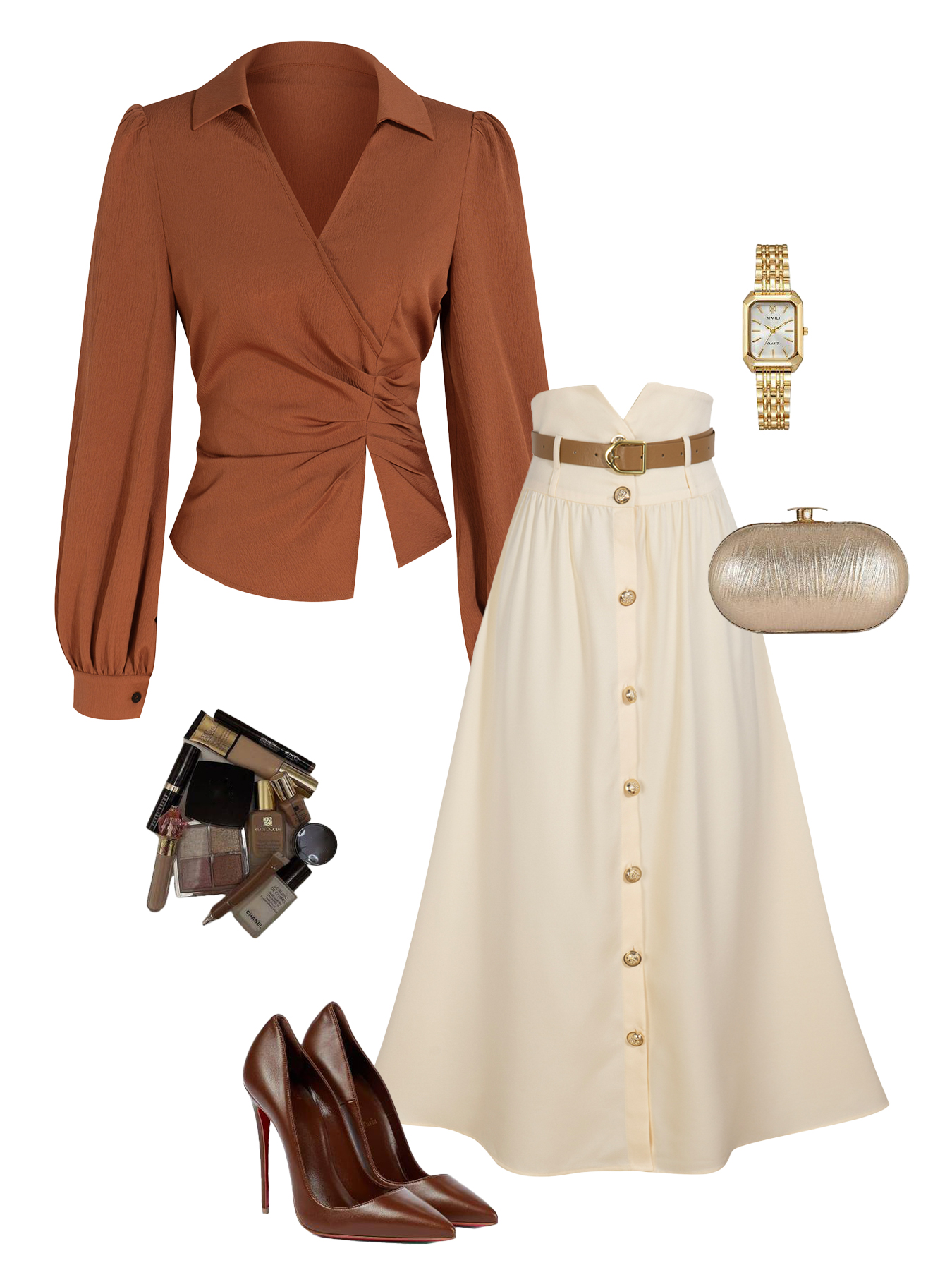 Caramel-colored twisted body shirt, beige-white high-waisted half-skirt button-down suit