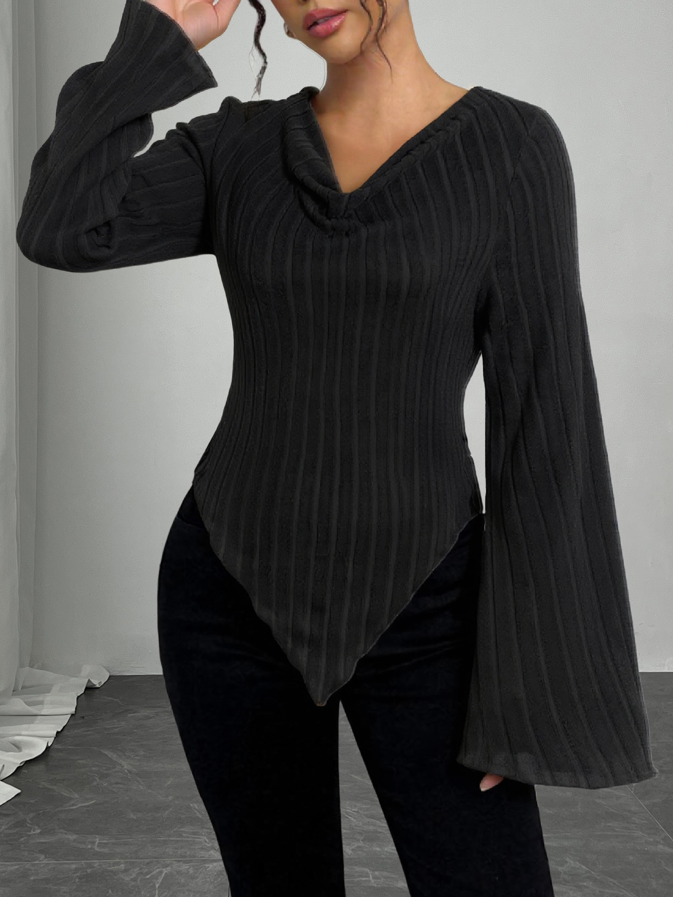 Women's Slim Fit Ribbed Knit Top-Aegean-sea