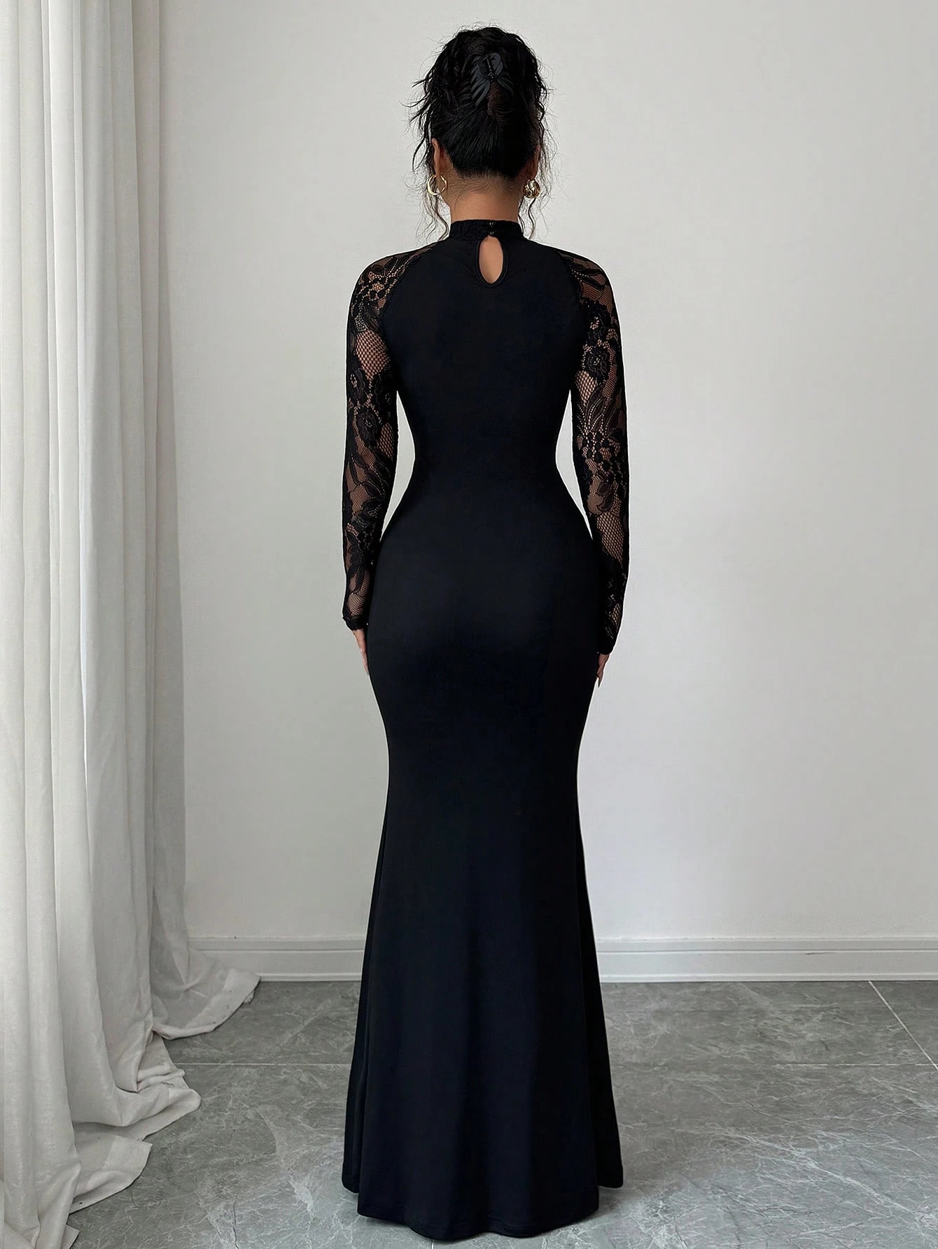 Woman's Black Mock Neck Sheer Lace Long Sleeve Ruched Mermaid Dress