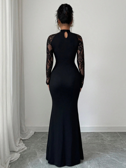 Woman's Black Mock Neck Sheer Lace Long Sleeve Ruched Mermaid Dress