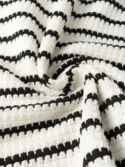 Black and white striped suit Polo collar long-sleeved shirt, wide-legged trousers two sets for casual commute