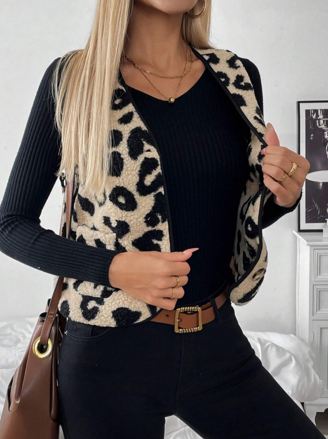 Woman's Beige & Black Leopard Print Shearling Vest-Aegean-sea