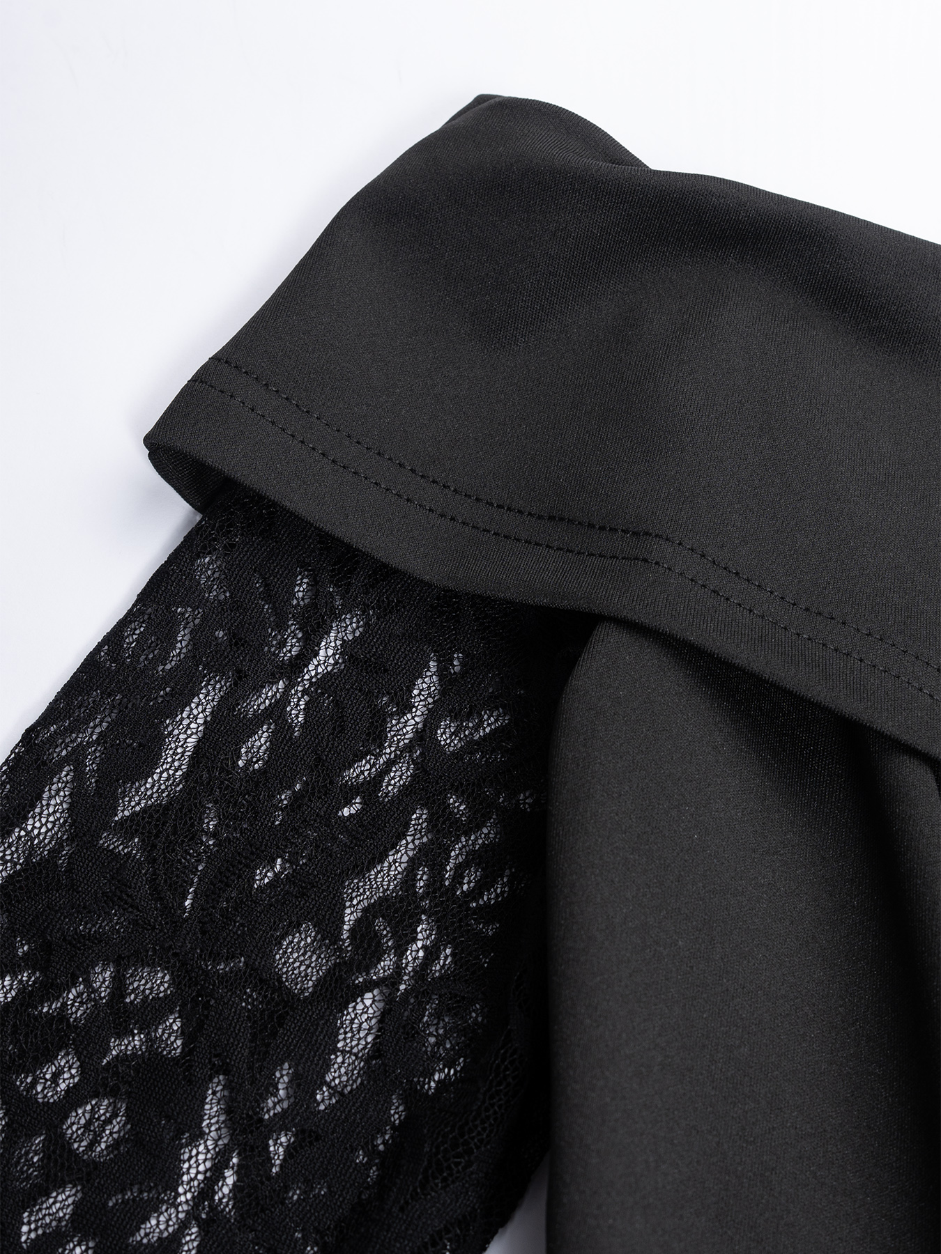 Black off-the-shoulder lace patchwork dress with long sleeves and two faux see-through dresses-Aegean-sea